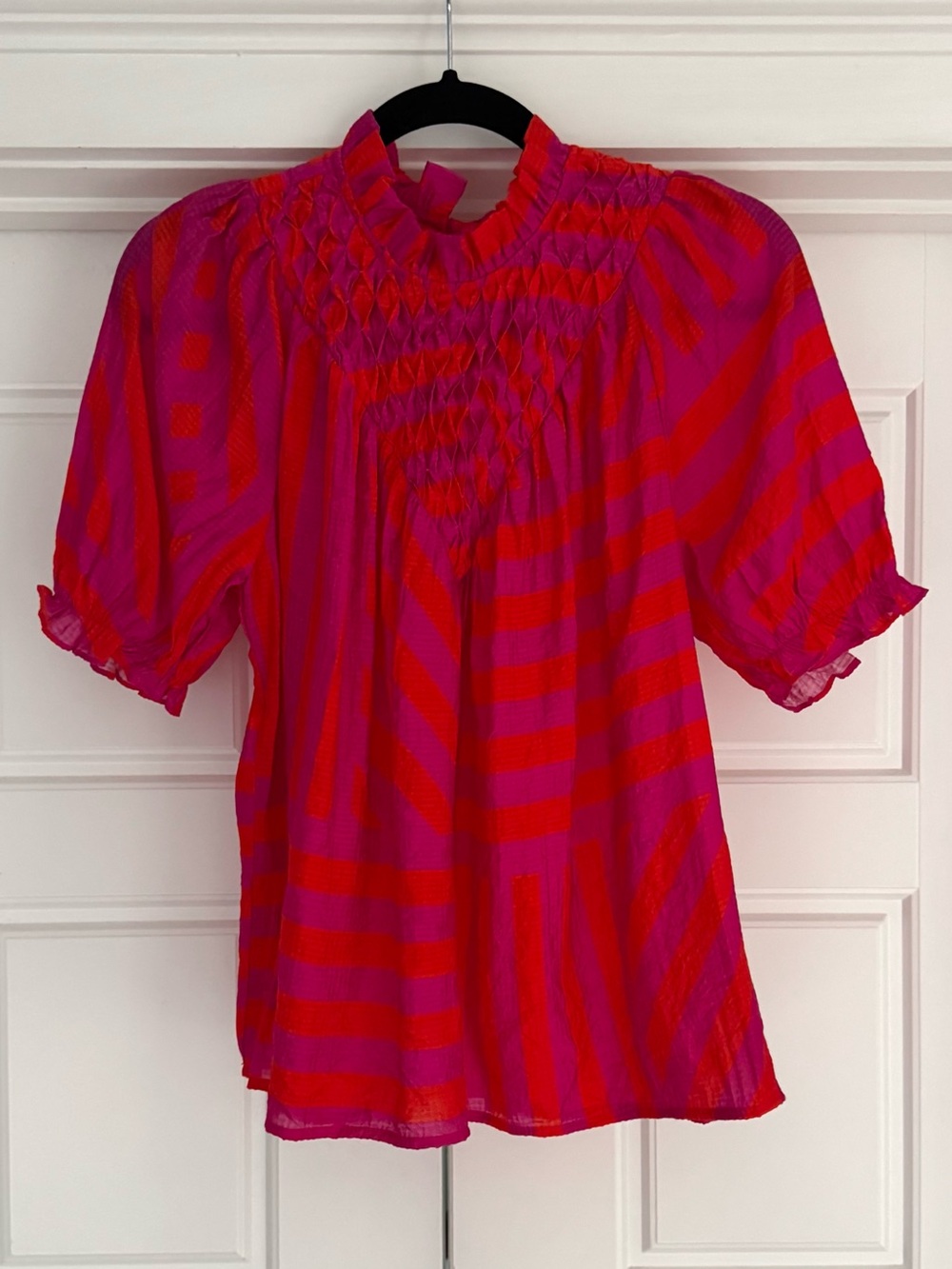 THML Pink/Orange Smocked Neck Ruffle Blouse - Small